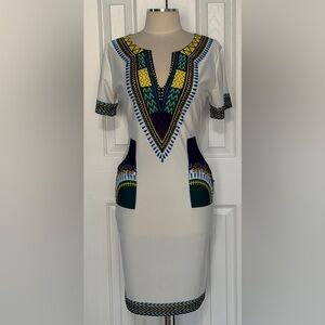White African Print Dashiki Style Dress Medium Tribal Pattern Pockets Midi
